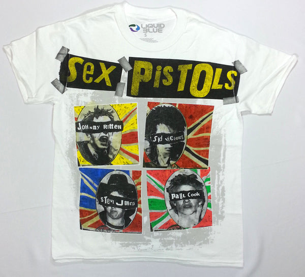 Sex Pistols - Band Members Names White Liquid Blue Shirt | Vintage
