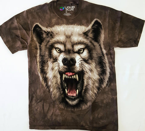 Animals - Wolf Growling Brown Tie Dye Liquid Blue Shirt