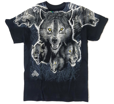 Animals - Angry Wolf Pack Black Liquid Blue Shirt