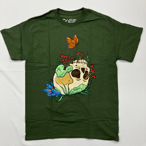 Fantasy - Skull & Mushrooms Green Novelty Liquid Blue Shirt