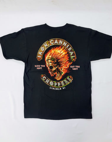 Iron Cannibal Choppers - Flaming Skull Back Print Shirt
