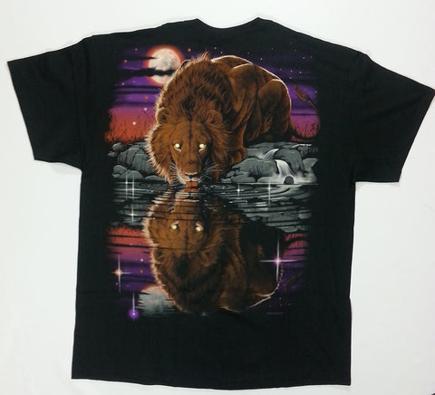 Animals - Lion Face Front Drinking Water Back Liquid Blue Shirt