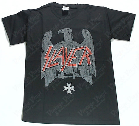 Slayer - Faded Grey Eagle And Iron Cross Red Name Shirt