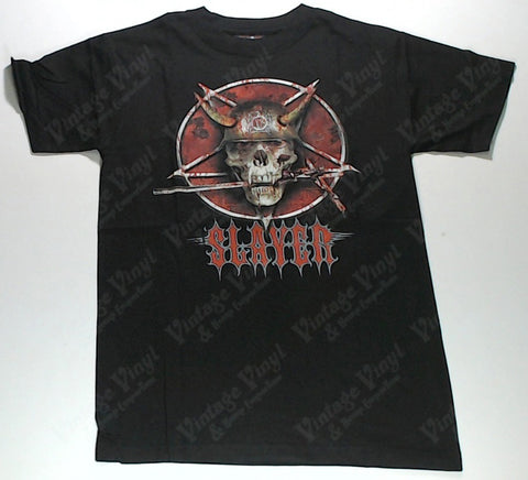 Slayer - Gory Horned Helmet Skull Knife in Mouth Pentagram Shirt