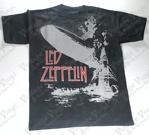 Led Zeppelin - Red Logo Burning Zeppelin Liquid Blue Shirt