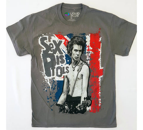Sex Pistols - Sid Playing Guitar Grey Liquid Blue Shirt